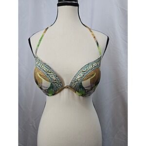 Victorias Secret The Angel Halter Bikini Top 34C TropicalFloral Rhinestone Green